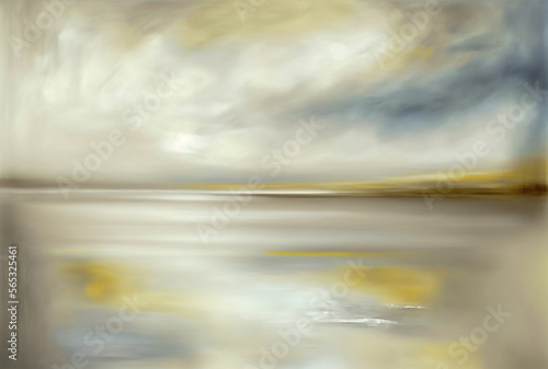 Abstract Background: Dreamy Silver, Ivory and Ochre evokes a sense of a misty lake coastline, Generative AI