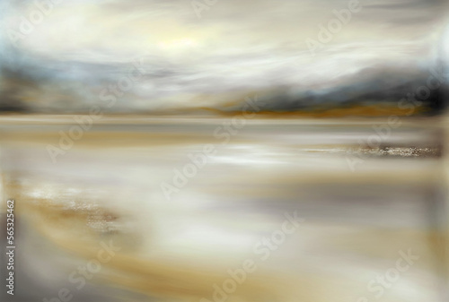 Abstract Background: Dreamy Silver, Ivory and Ochre evokes a sense of a misty lake coastline, Generative AI
