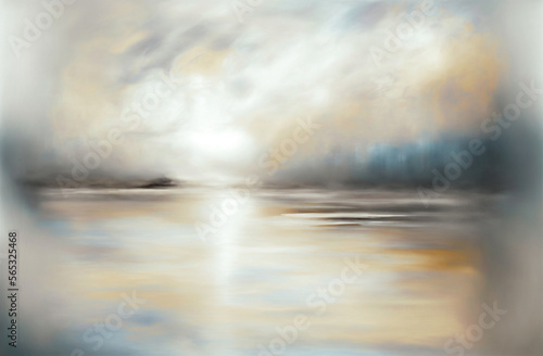Abstract Background: Dreamy Silver, Ivory and Ochre evokes a sense of a misty lake coastline, Generative AI