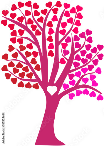 Isolated tree on white background with lots of pink and red hearts shapes hanging on branches like blooming flowers, valentines day card inspiration
