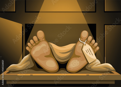 Dead body foot with tag in morgue dark room criminal investigation scene cartoon illustration vector 