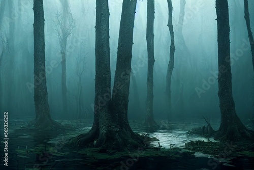 Tela swamp dark atmospheric background, digital art. Generative AI