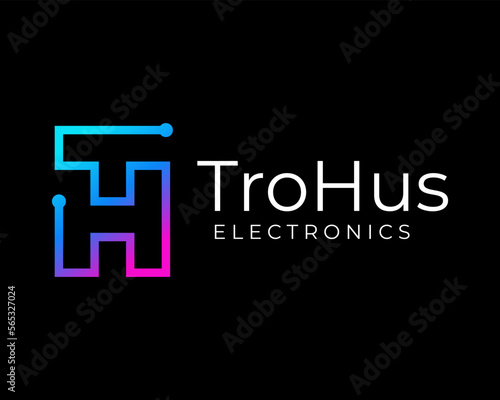 Letter TH HT Initials Circuit Digital Technology Connection Electronic Line Art Vector Logo Design