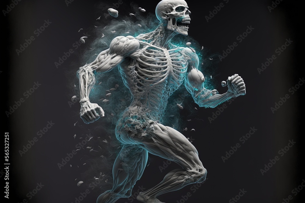The human skeleton falls apart on the run. Xray of a bodybuilder