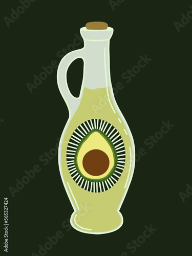Avocado oil. Organic product bottle. Vector hand drawn illustration with hand written lettering for your design.
