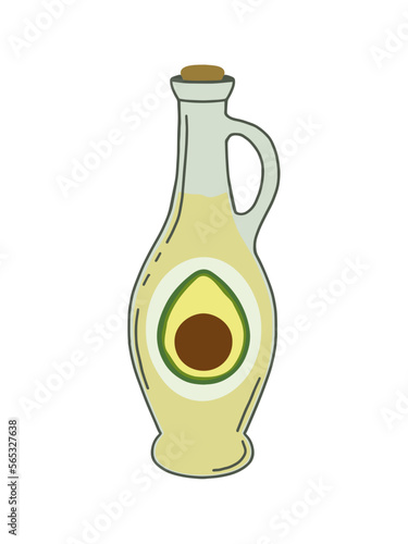 Avocado oil. Organic product bottle. Vector hand drawn illustration with hand written lettering for your design.