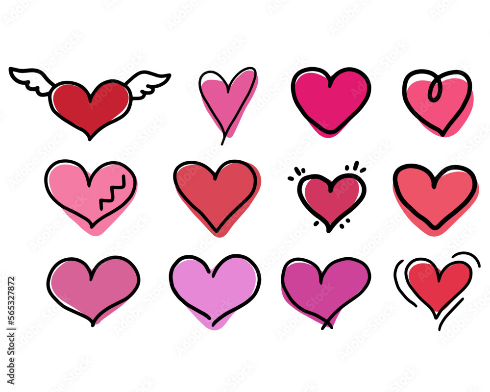 set of vector pink and red hearts isolated on white background