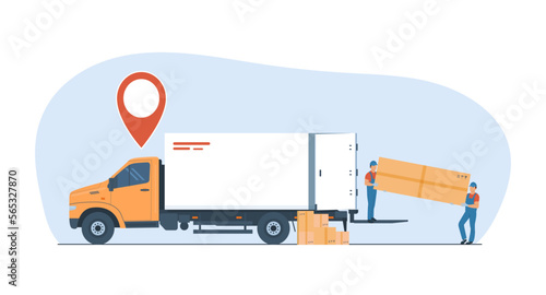 Workers unload a large box from a van truck. Vector illustration.
