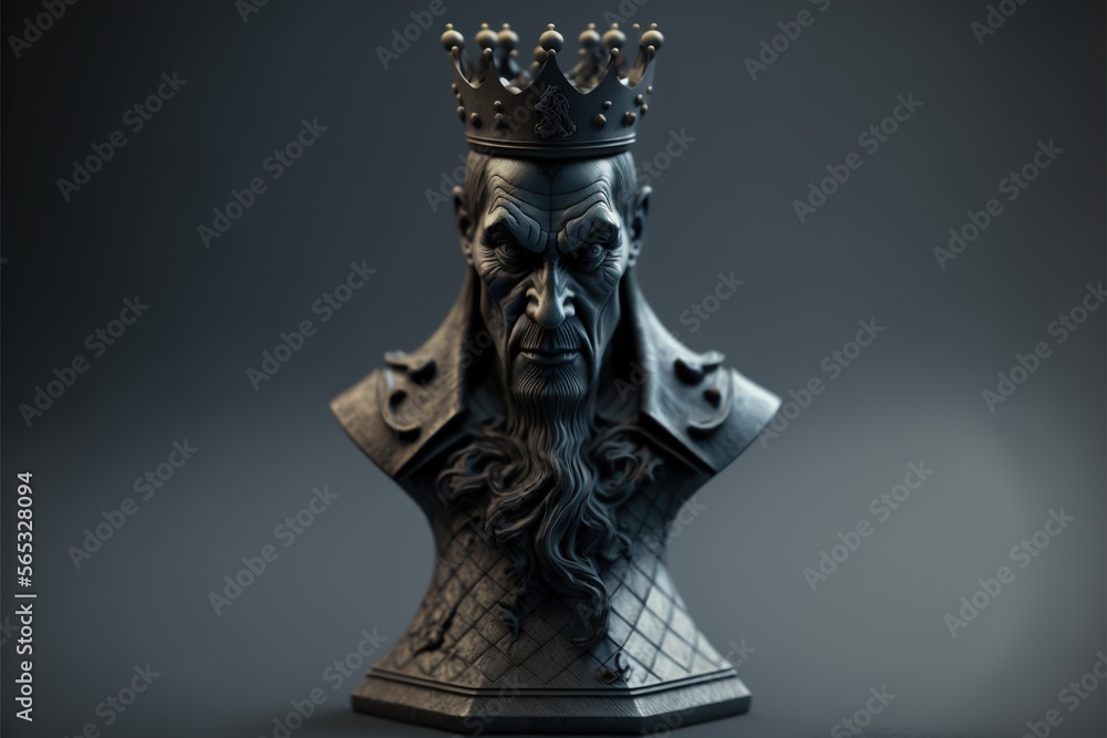 King chess piece. The figure of the king on a dark background. A chess piece of a king with a human face. Part man part chess piece, evil, dark , angry. Generative AI King chess piece. The figure of the king on a dark background. A chess piece of a king with a human face. Part man part chess piece, evil, dark , angry. Generative AI