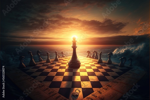 Square chess board, sun. Chessboard on the background of dawn. An epic picture of a chessboard among the waves. Beautiful dawn sky. Queen in the center of the chessboard. Generative AI