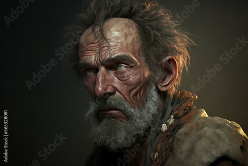 Realistic portrait of an elderly man. Old man, dressed in old cloths with a very expressive look. Generative AI this person is fictitious and does not exists in real life. © Nadia