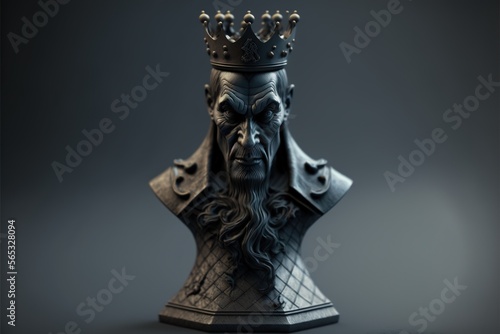 King chess piece. The figure of the king on a dark background. A chess piece of a king with a human face. Part man part chess piece  evil  dark   angry. Generative AI