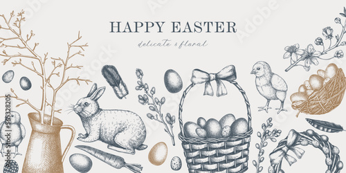 Easter banner design with cute characters and spring decor elements. Hand drawn bunnies, eggs, chickens, flowers and flowering trees background. Vector template with Holiday sketches