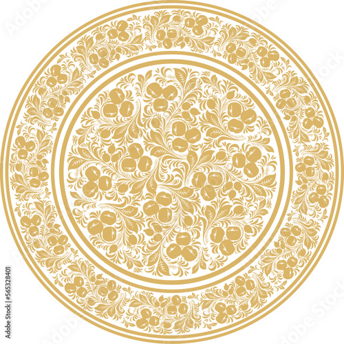 Vector gold round Russian folk ornament Khokhloma. National endless circle, tray, plate of Slavic peoples, Belarusians, Ukrainians..