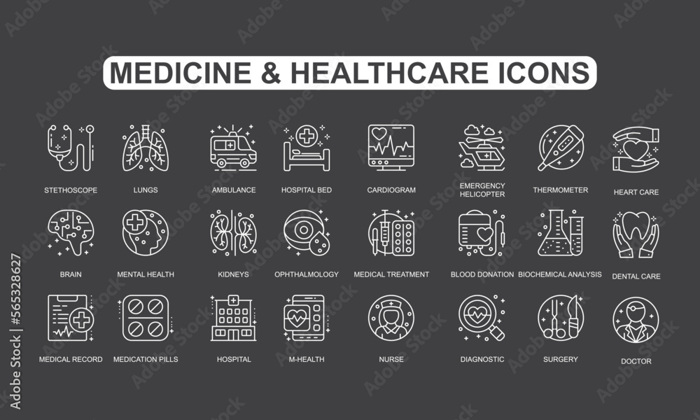 Fototapeta premium Medicine and Healthcare Vector, simple set vector thin line medical and science icons