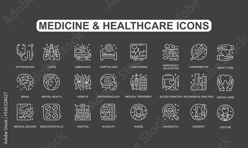 Medicine  and Healthcare Vector, simple set vector thin line medical and science icons