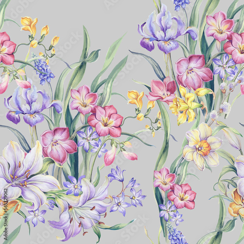 Flowers watercolor illustration.Manual composition.Seamless pattern.Design for cover, fabric, textile, wrapping paper . © lin