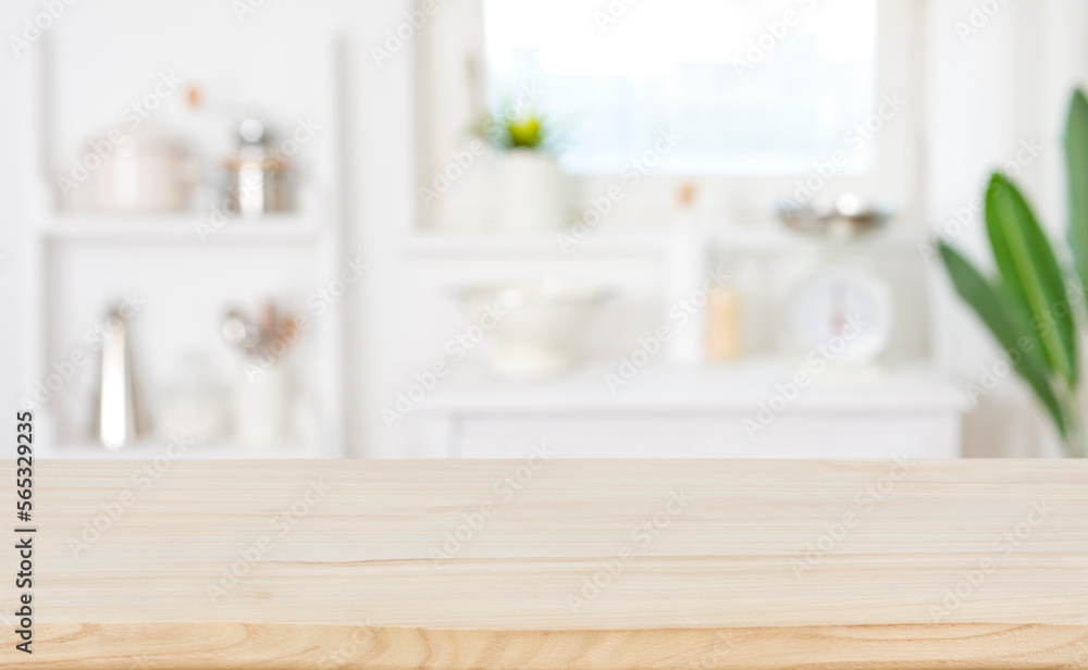 Fototapeta premium Blur kitchen counter background with wooden table for product display