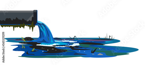 Industrial pipe on side view discharge wastewater isolated concept illustration, ecological disaster, dirty toxic effluents, environmental pollution, metal pipe releases toxic waste into the river