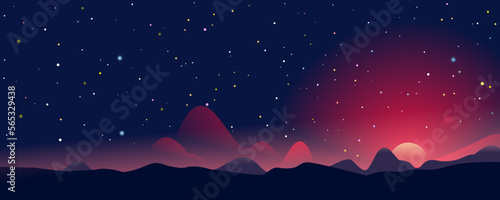 Fantastic sunrise landscape panorama among the mountains on background of starry sky, evening landscape on a fantastic planet, colonization of new planet, eps10 with blending mode