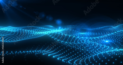 Abstract blue glowing waves from particles and dots energy magical futuristic hi-tech, abstract background