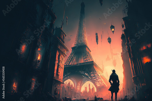 Paris, Man standing in front of Eiffel tower, digital futuristic fantasy, illustration, AI generated