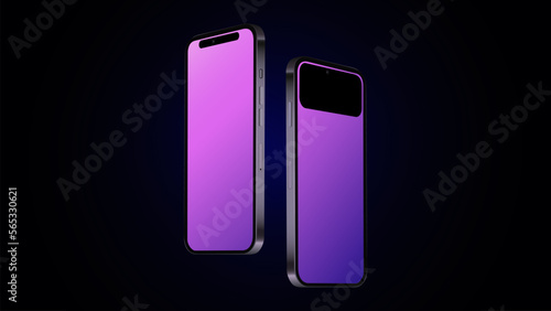 Two Smartphones 14 in Diagonal Angle. Editable Mockup. Black Template. Vector illustration