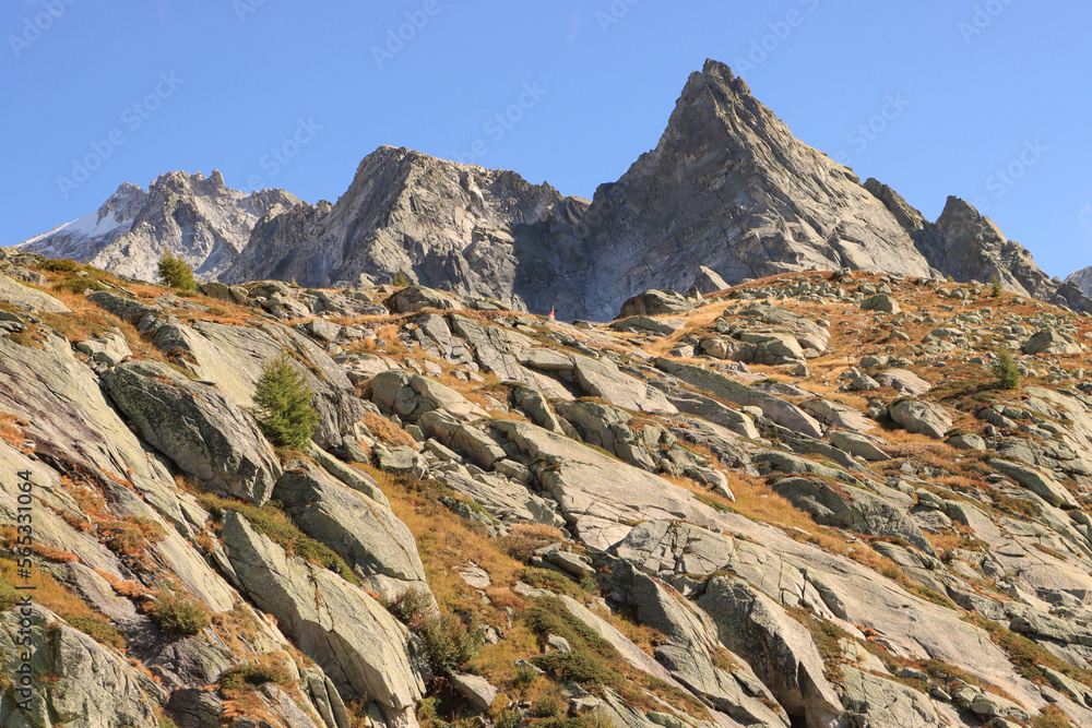 Wunderschöne Alpenlandschaft im Spätsommer; Blick vom Albignasee auf Cima dal Cantun (3354m) und Punta da l'Albigna (2893m), Bergell (Bernina-Alpen)