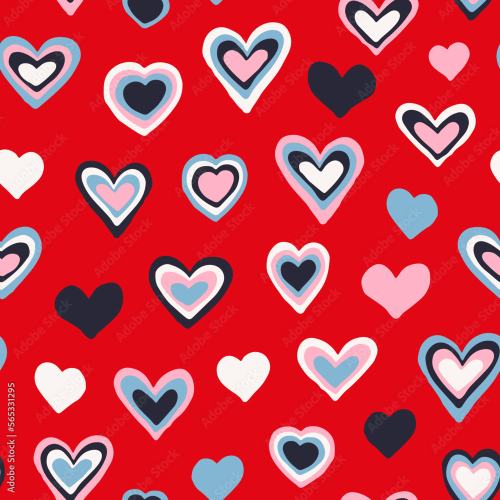 Irregular hand drawn hearts seamless repeat pattern. Romantic, vector all over surface print on red background.