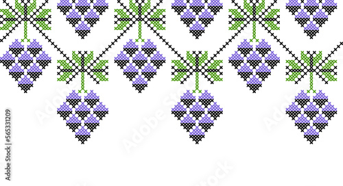 Grapes bunch vector seamless border. Background for wine or juice label design. Grapes border. Pixel art, vyshyvanka, cross stitch
