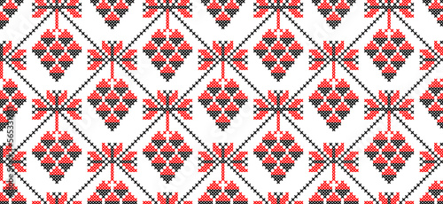 Grape branch vector seamless pattern. Ukrainian traditional embroidery of grape pattern in red and black colors. Pixel art, vyshyvanka, cross stitch