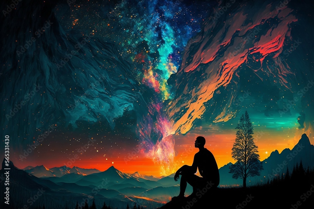 Obraz premium Silhouetted Solitude: A Mountainous Journey Through Night and Day