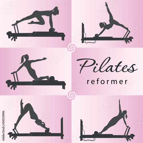 A set of Pilates badges. Silhouette of a girl doing Pilates on a simulator. A concept for business.