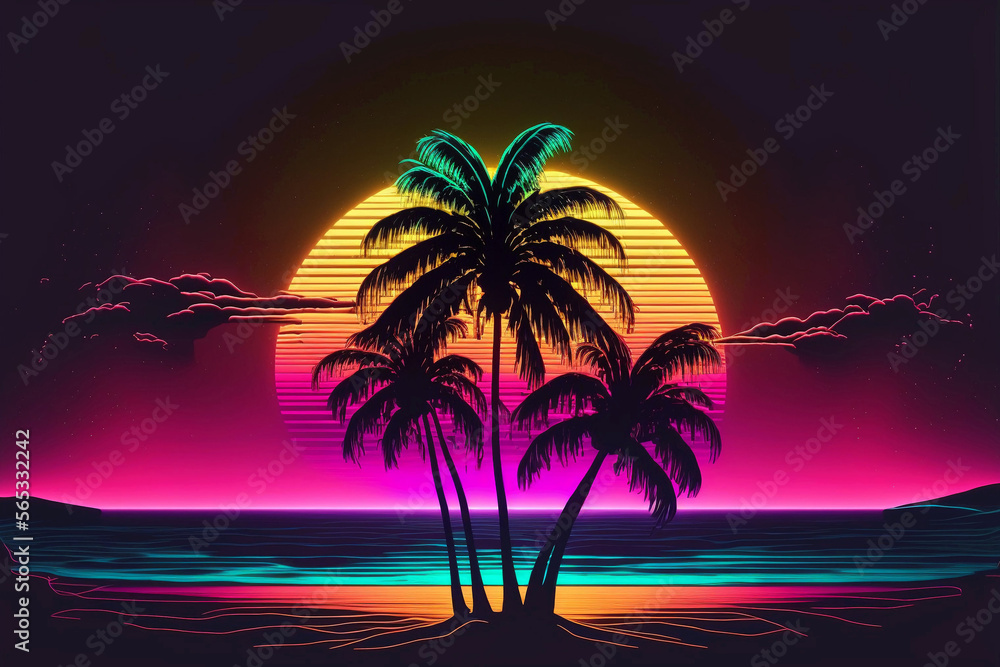 Palms in sunset with neon rays. Neon palm tree sunset. Generative ai.
