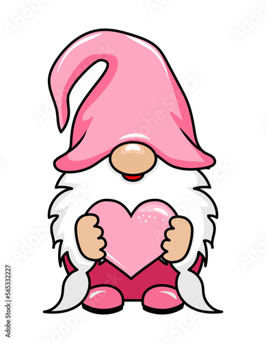 Happy Valentine's Day gnome with  pink heart. Nordic magic dwarf. Cute holidays Elf with hat. Vector illustration for love day