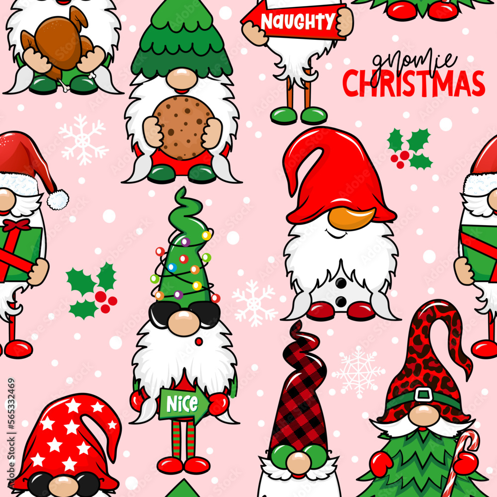 Garden gnomes, gnomie Merry Christmas - funny drawing seamless pattern. wallpaper, wrapping paper. Merry Christmas and Happy New Year.