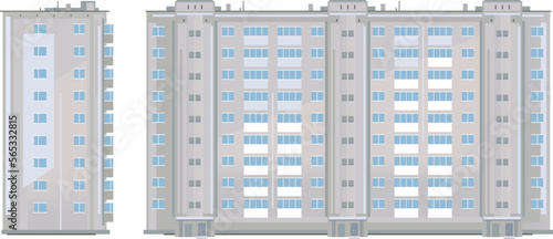 Nine-story eastern european building in front and side view isolated, old soviet building architecture flat style, ukrainian apartment building, city high-rise building