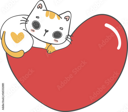 cute Valentine love kitten cat with heart doodle cartoon drawing