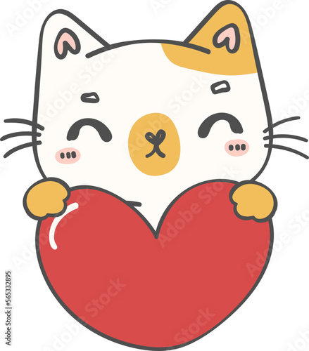 cute Valentine love kitten cat with heart doodle cartoon drawing