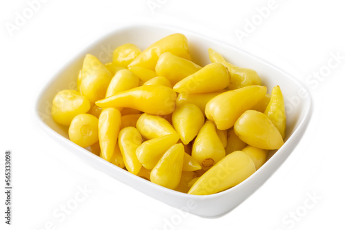 Fresh yellow chubby hot pepper pickle isolated on white background, marinated or canned peppers