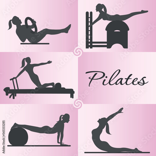 A set of icons for Pilates. Silhouette of a girl doing Pilates. A concept for business.