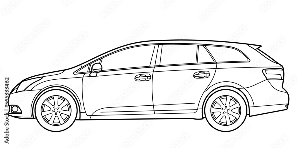 Classic station wagon. Side view shot. Outline doodle vector illustration. Design for print, color book