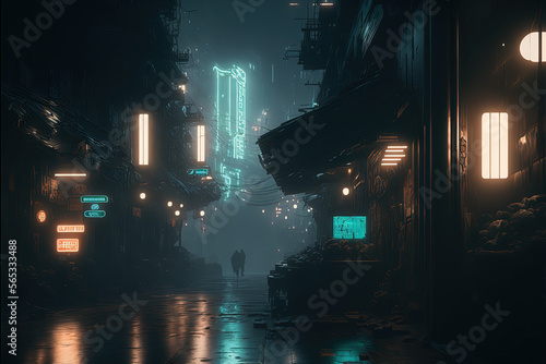 night cyberpunk city street slums, ai generated illustration