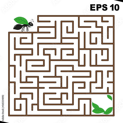 Labyrinth for children. A black ant with a leaf goes through a maze on the white background. Vector flat illustration