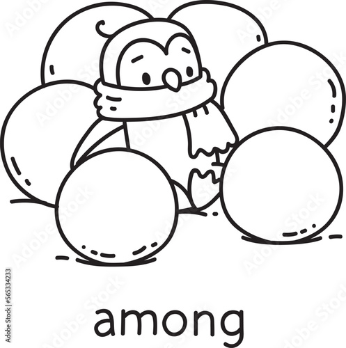 Preposition of place. Penguin sitting among snowballs