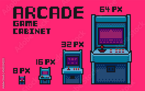 Arcade game cabinet machine, pixel art.