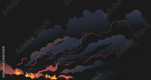 Fire flames at night with black smoke, nature disaster illustration background, night fire silhouettes, smoke clubs at twilight