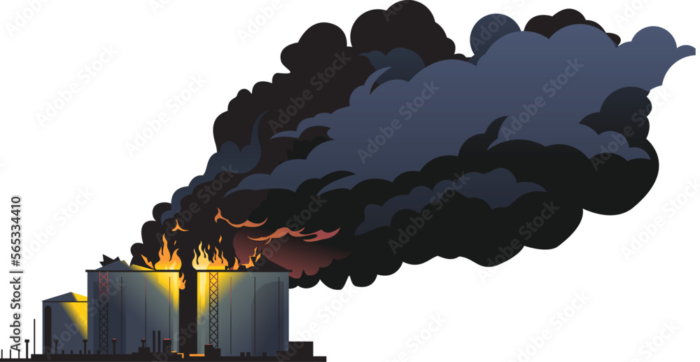 Big oil refinery on fire with big black smoke isolated illustration ...