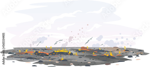 Fading after the fire black charred ground with a small flame nature background, nature disaster concept illustration isolated background, consequences of raising fires in forest, careful with fire