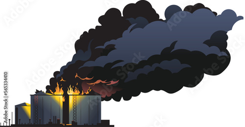 Big oil refinery on fire with big black smoke isolated illustration, oil production plant, petrochemical plant, ecology disaster concept illustration, manufacturing with metallic constructions
